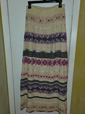 Cream Boho Maxi Skirt with Multicolor Embroidered Stripes